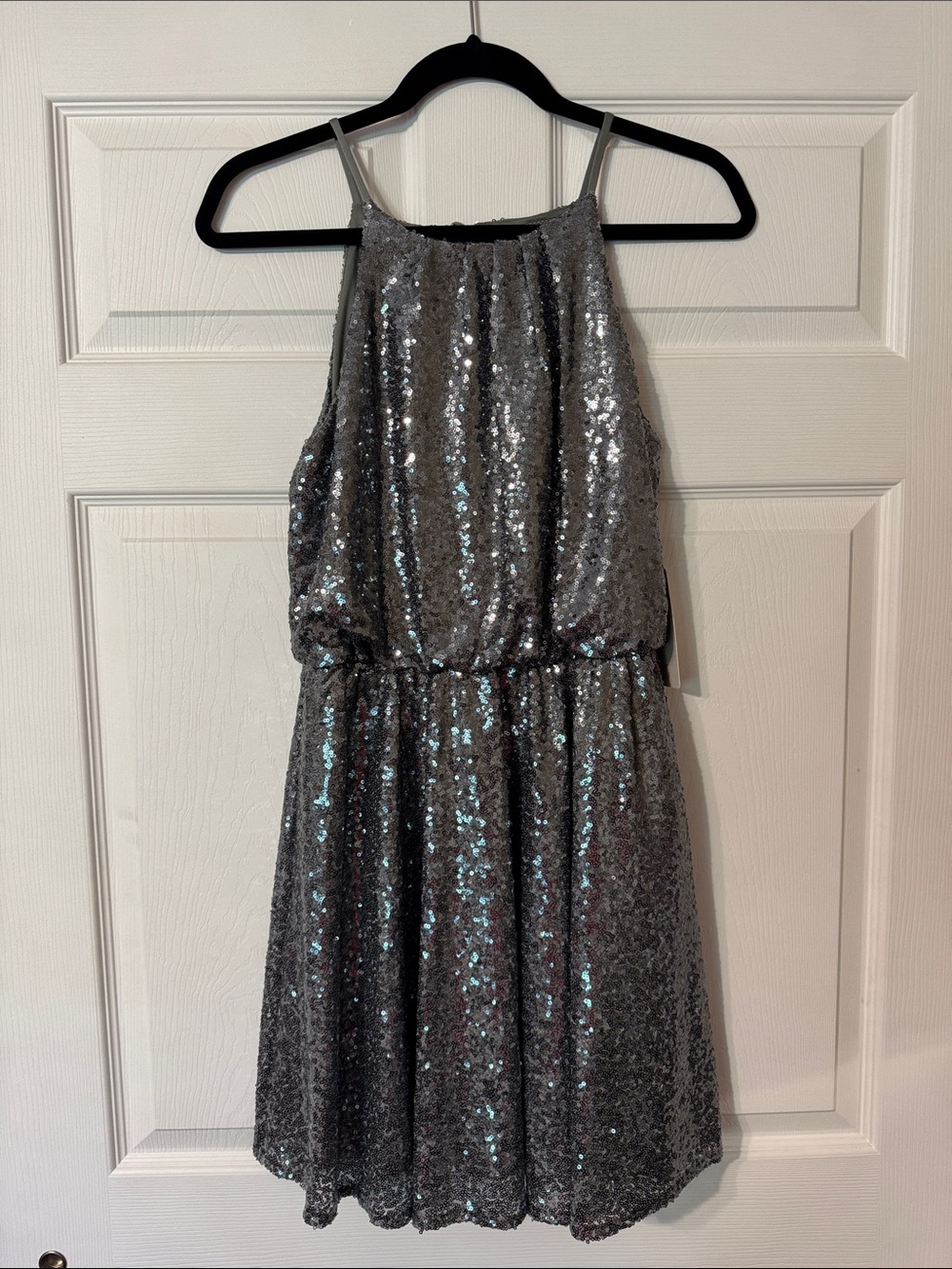 Silver Sequin Mini Dress with Elastic Waist